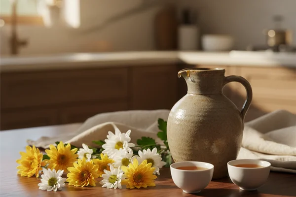 Dried chrysanthemum petals in a glass jar on a walnut surface beside a fermentation airlock and cream linen cloth