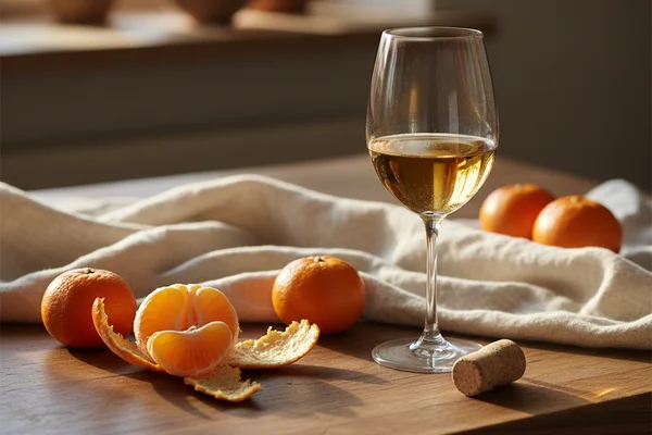Freshly peeled clementines beside a glass of golden wine on a walnut surface in soft natural light