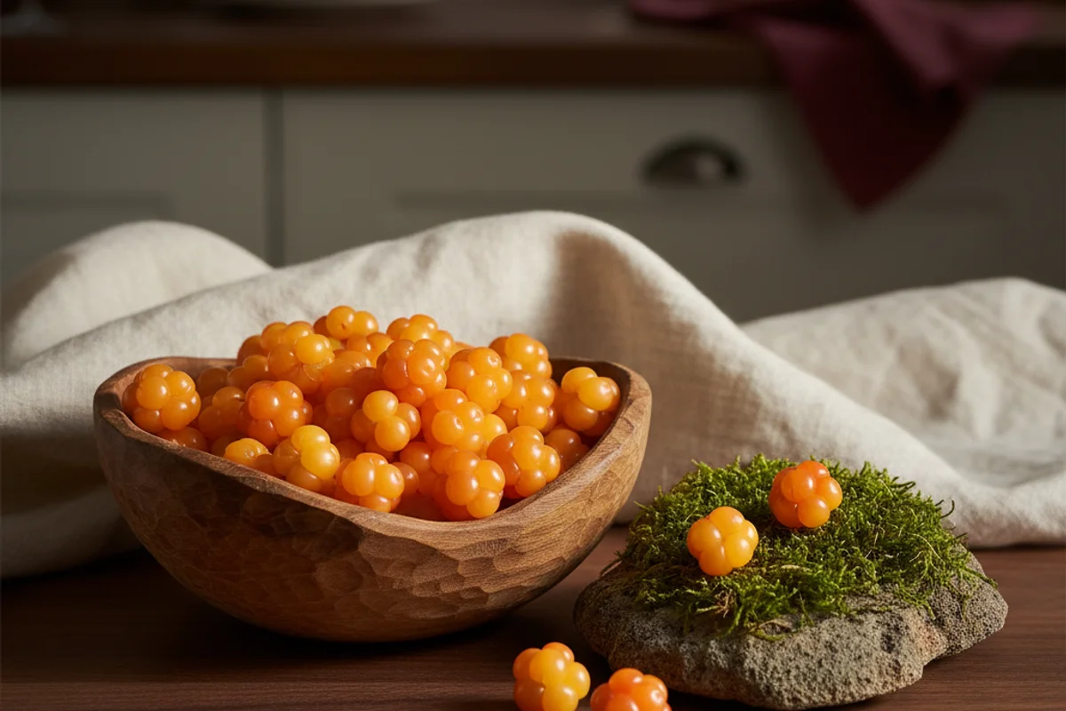 Cluster of golden-orange cloudberries on a cream linen cloth in warm natural light