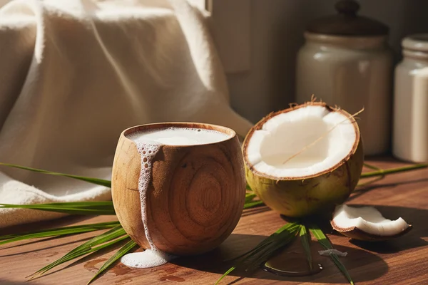 Frothy coconut wine in a glass jar on a walnut surface beside fresh coconut halves in soft natural light