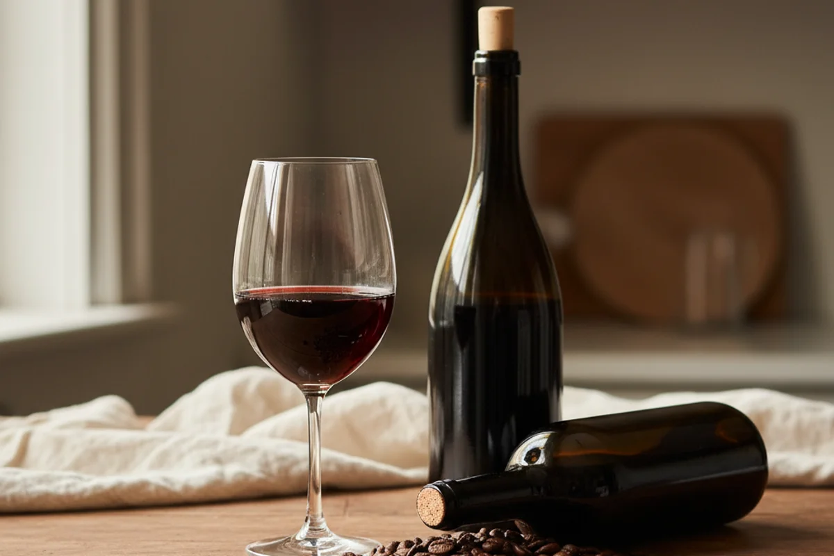 Rustic glass carboy of dark coffee wine on a walnut surface in warm natural light