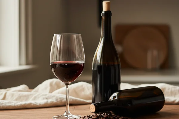 Rustic glass carboy of dark coffee wine on a walnut surface in warm natural light
