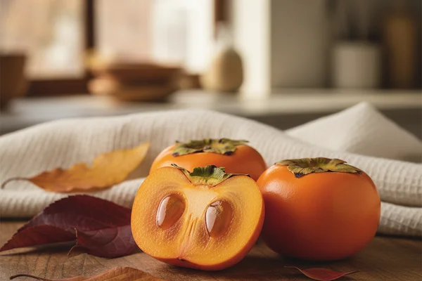 Ripe common persimmons on a walnut surface beside rustic winemaking equipment in warm natural light
