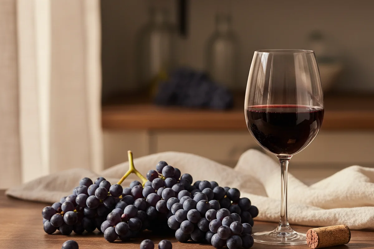 Clusters of deep-purple Concord grapes beside a glass of red wine on a walnut surface