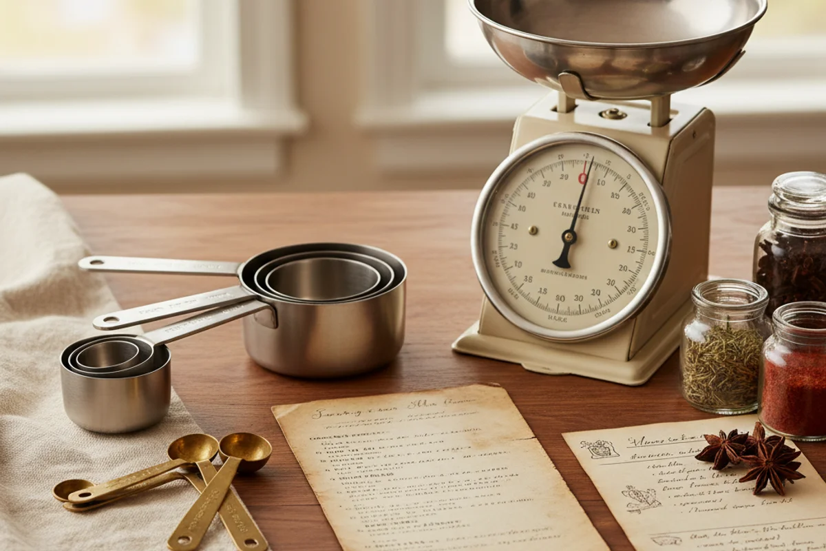 Handwritten conversion charts and measuring tools arranged on a walnut surface in warm natural light