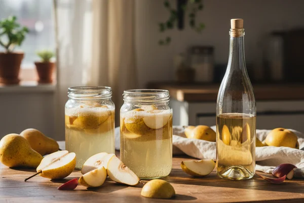 Pot of simmering pear wine must on a walnut surface beside fresh pears and a cream linen cloth