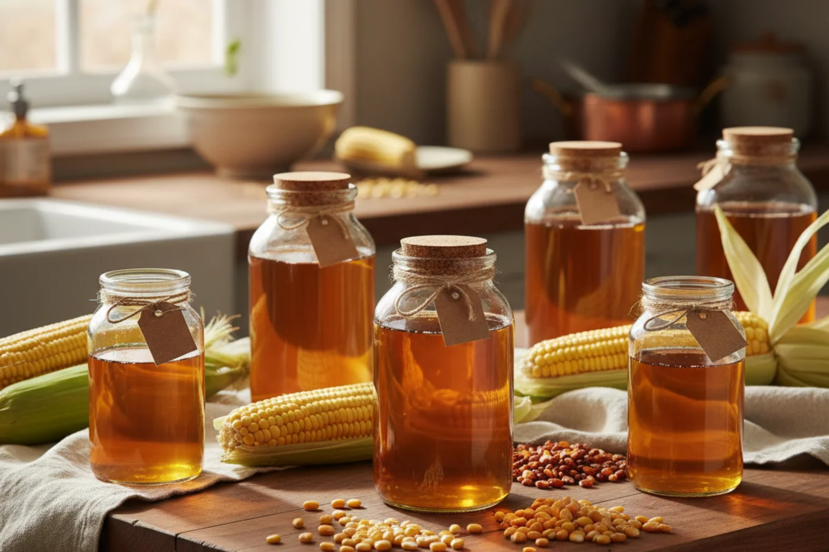 Bubbling corn wine in a glass carboy on a walnut surface, soft natural light warming cream linen nearby