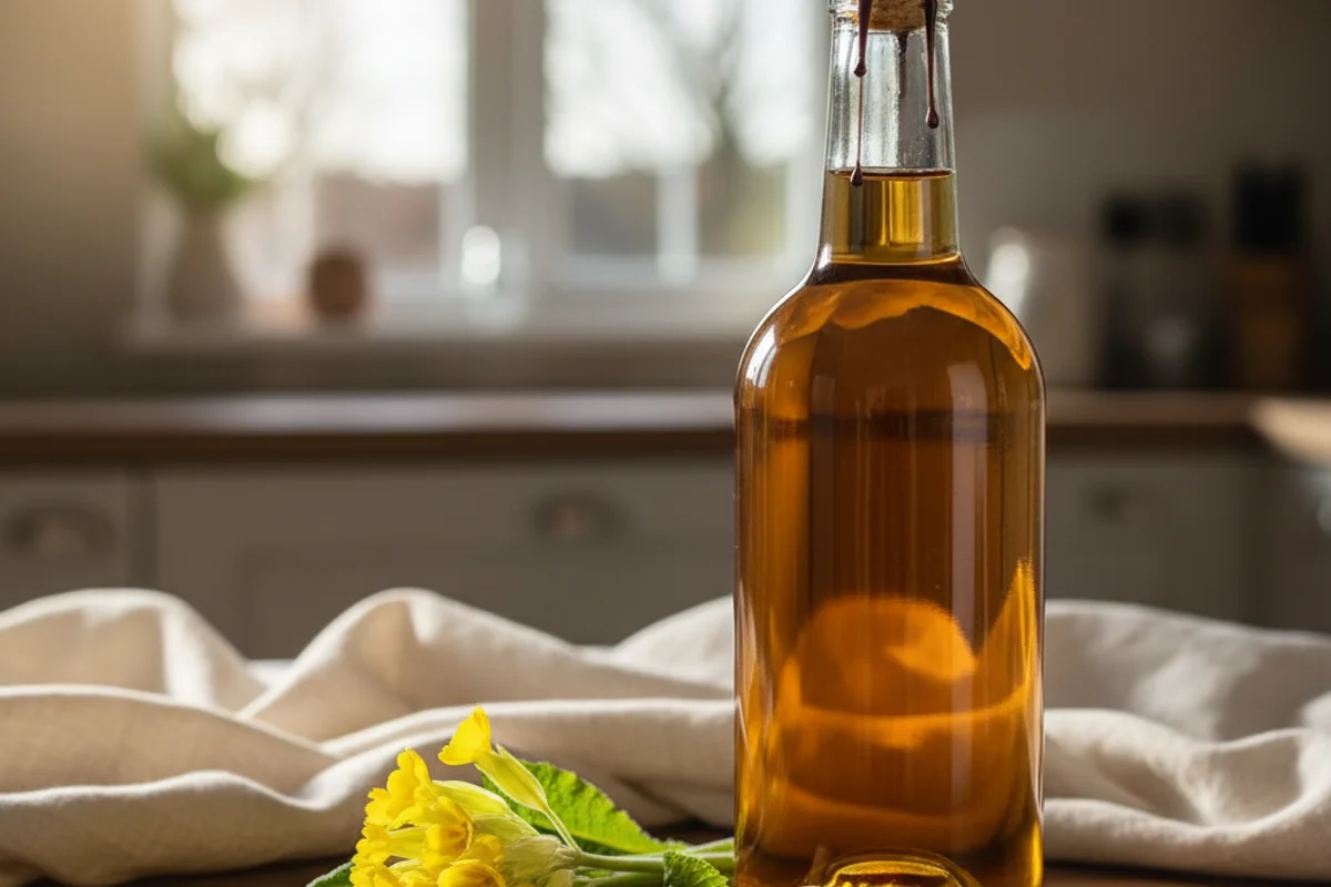 Pale yellow cowslip wine in a glass jar on a walnut surface, soft natural light, cream linen backdrop