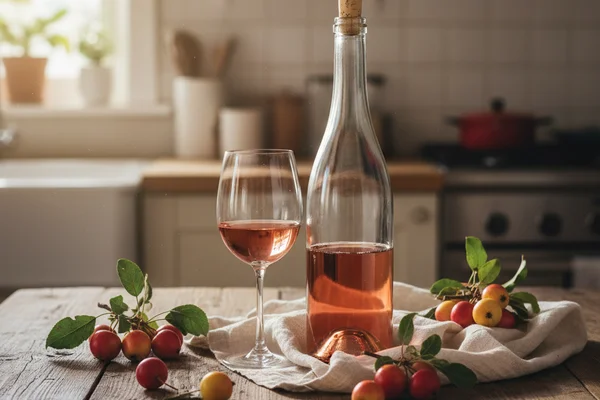 Rustic crabapples beside a glass carboy of pale wine on a walnut surface in warm natural light