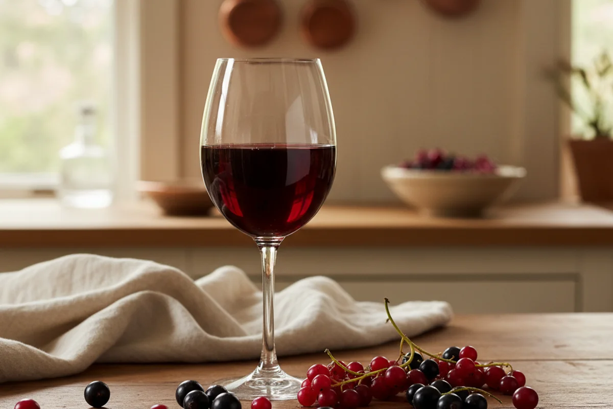 Fresh cranberries and dark currants beside a glass of deep red wine on a walnut surface in soft natural light