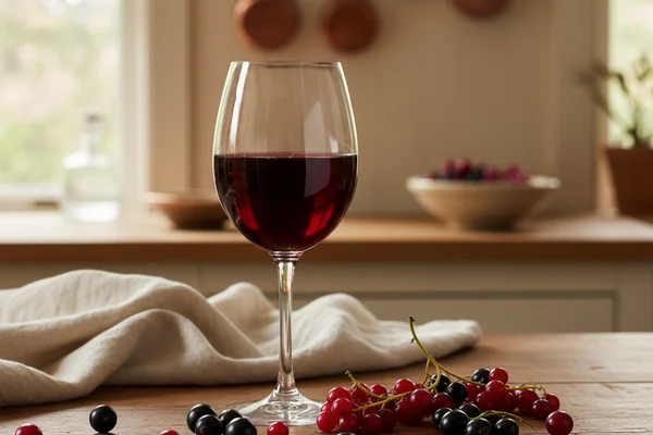 Fresh cranberries and dark currants beside a glass of deep red wine on a walnut surface in soft natural light