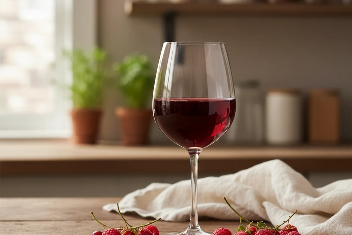 Fresh cranberries and raspberries beside a glass of deep ruby wine on a walnut surface in warm light