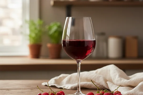 Fresh cranberries and raspberries beside a glass of deep ruby wine on a walnut surface in warm light