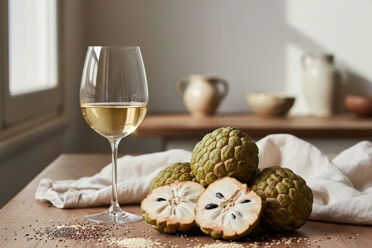Halved custard apples on a walnut surface beside a glass carboy in warm natural light
