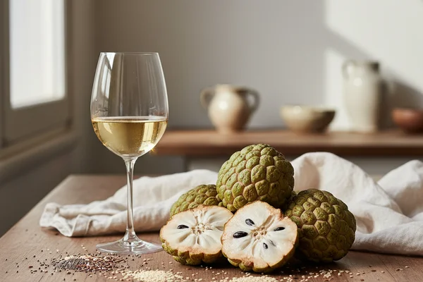 Halved custard apples on a walnut surface beside a glass carboy in warm natural light