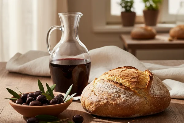 Rustic jug of deep red homemade wine on a walnut surface beside scattered dark grapes in soft natural light