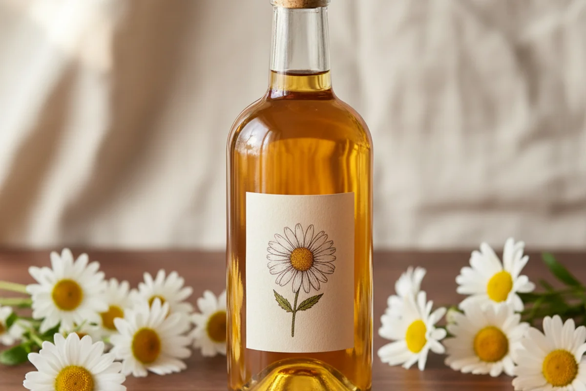 Pale yellow daisy wine in a rustic glass on a walnut surface, soft natural light, cream linen backdrop
