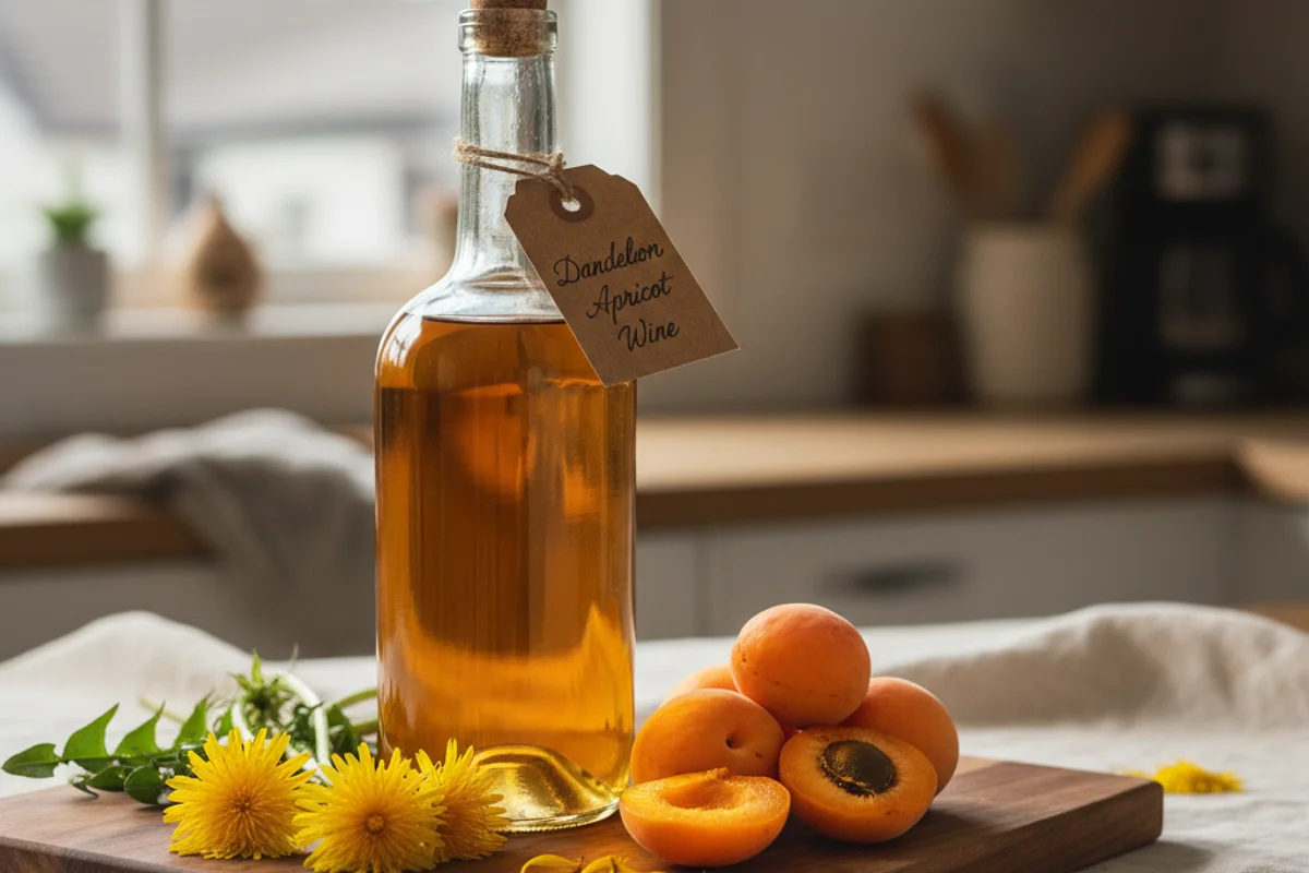 Fresh dandelion blossoms and ripe apricots beside a glass carboy on a walnut surface in warm light