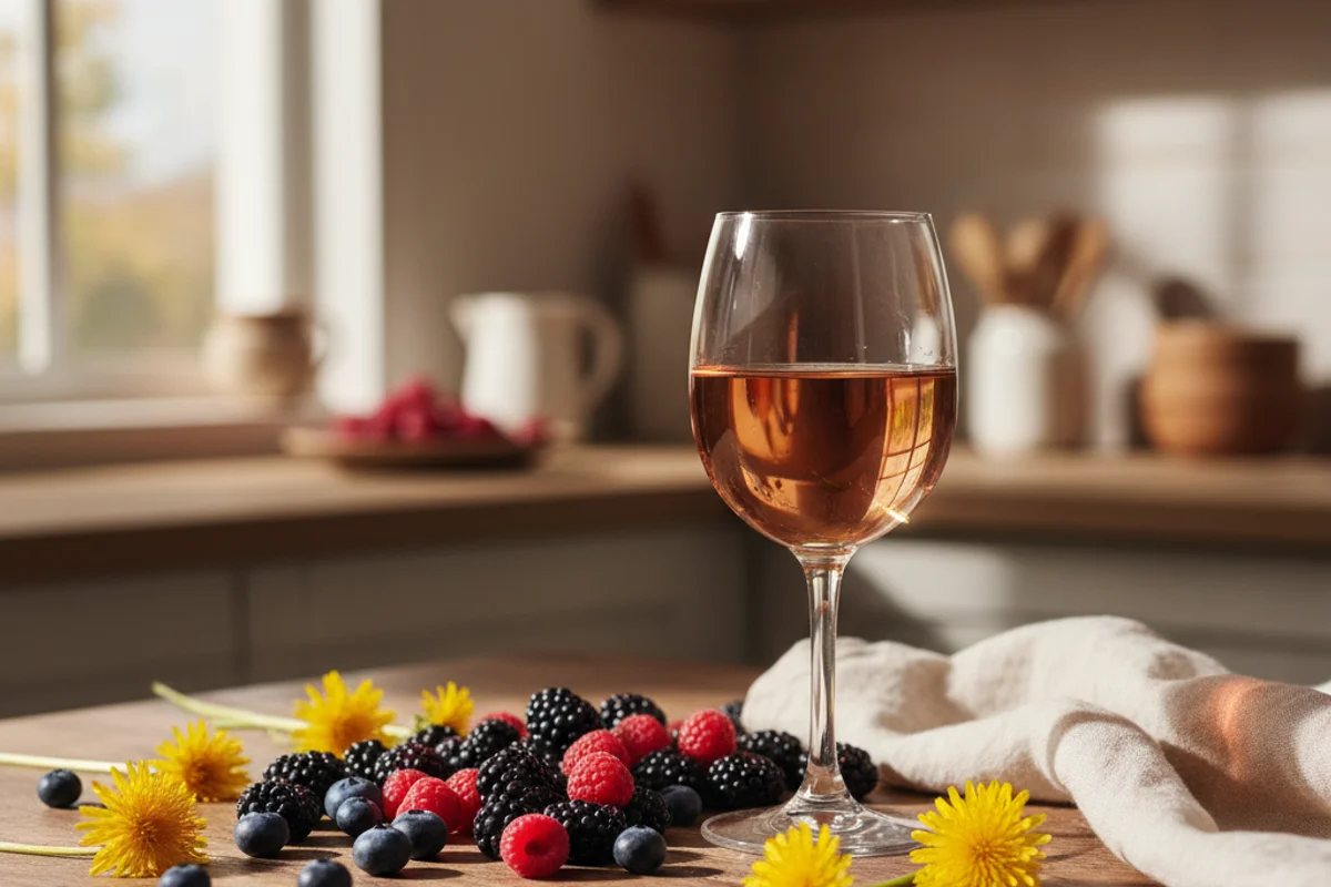 Dandelion blossoms and mixed berries beside a glass of golden-pink wine on a walnut surface