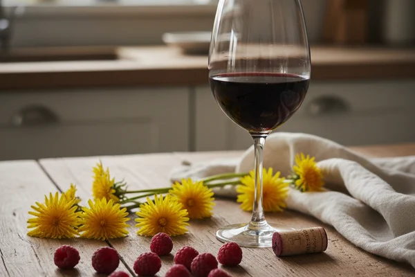 Dandelion blossoms and black raspberries beside a glass of golden-pink wine on a walnut surface