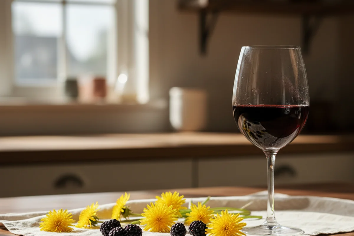 Dandelion blossoms and fresh blackberries beside a glass of deep purple wine on a walnut surface