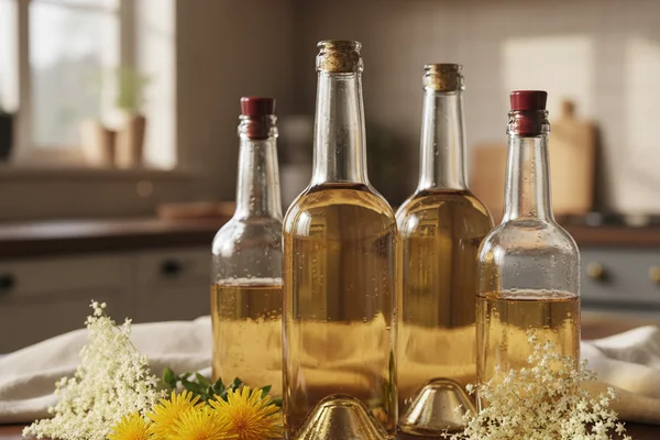 Pale golden wine in a glass beside fresh dandelion blooms and elderflower sprigs on a walnut surface