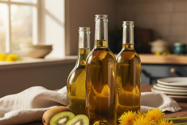Dandelion blossoms and sliced kiwi beside a glass carboy on a walnut surface in warm natural light