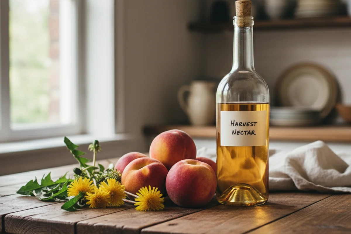 Dandelion blossoms and fresh peaches beside a glass of golden wine on a walnut surface