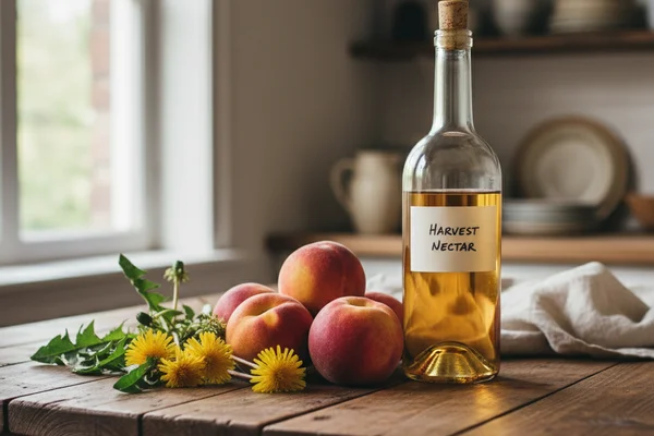 Dandelion blossoms and fresh peaches beside a glass of golden wine on a walnut surface