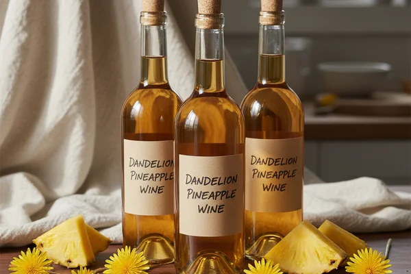 Dandelion blossoms and fresh pineapple chunks beside a glass of golden dessert wine on a walnut surface