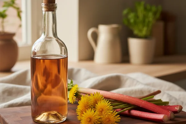 Rustic bottle of dandelion rhubarb wine on a walnut surface beside fresh yellow dandelions and pink rhubarb stalks