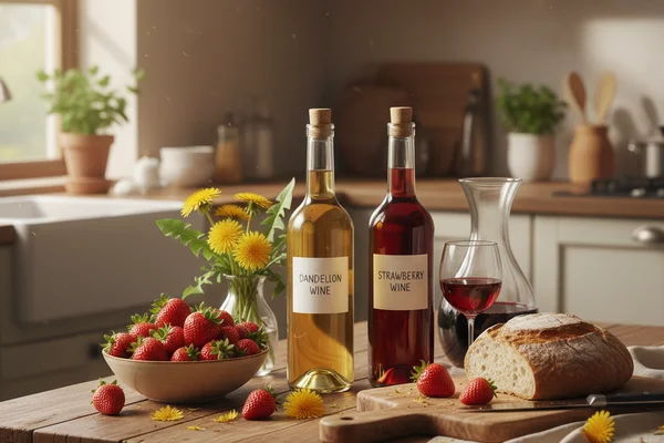 Fresh dandelion blossoms and ripe strawberries beside a glass of pale golden wine on a walnut surface