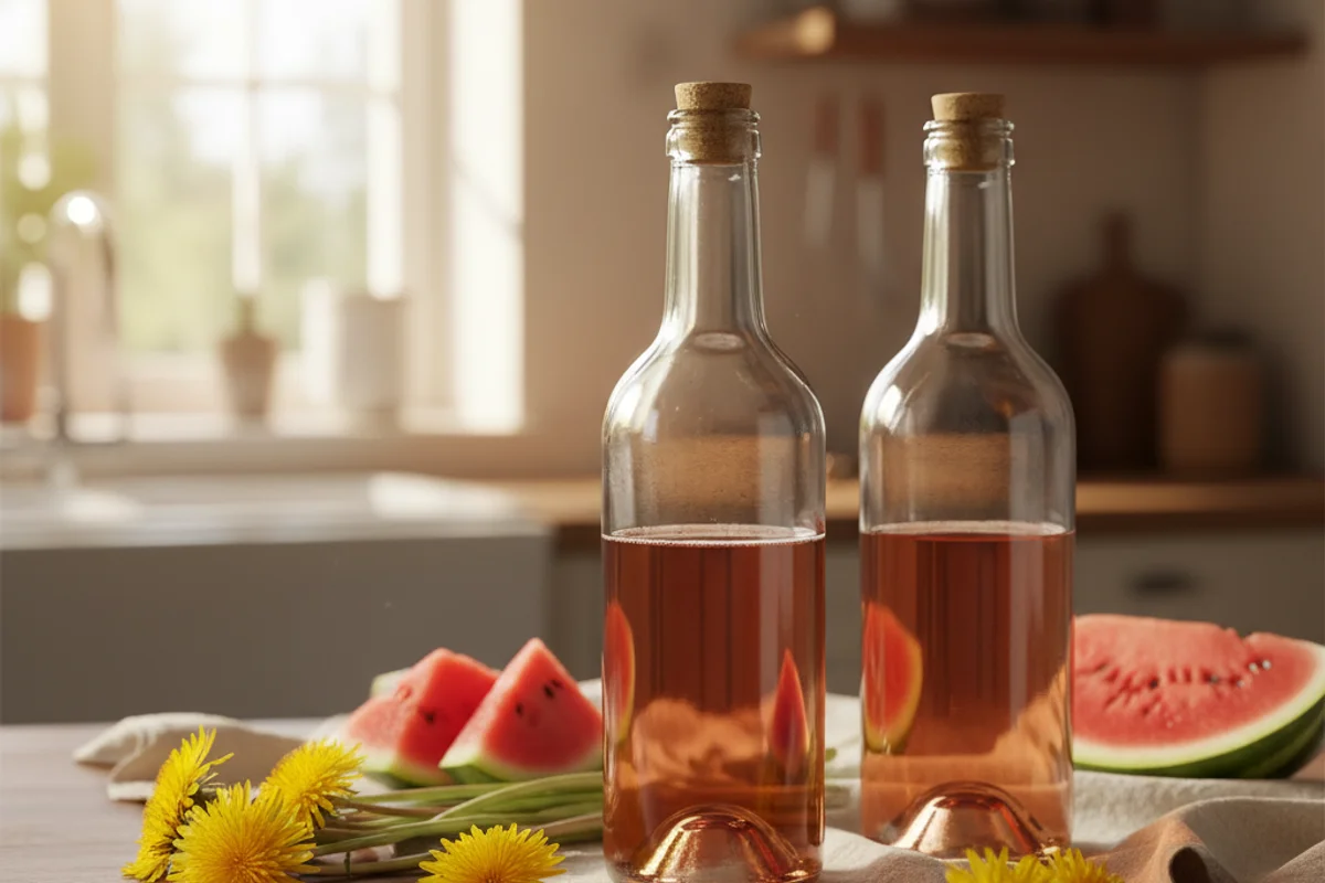 Dandelion blossoms and watermelon slices beside a glass carboy on a walnut surface in warm natural light