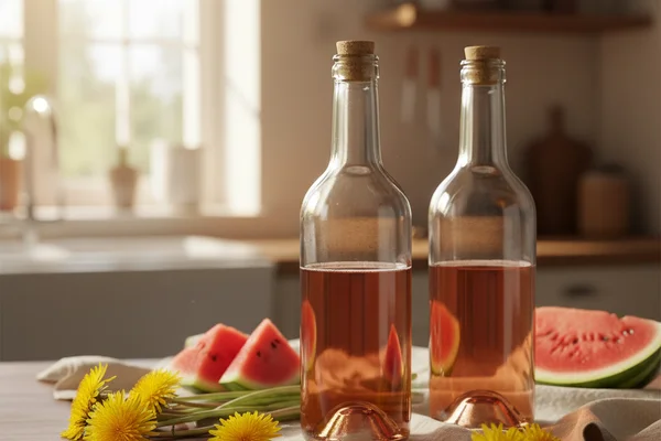 Dandelion blossoms and watermelon slices beside a glass carboy on a walnut surface in warm natural light