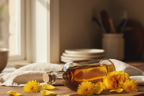 Pale golden dandelion and yellow rose petal wine in a glass beside fresh blooms on a walnut surface