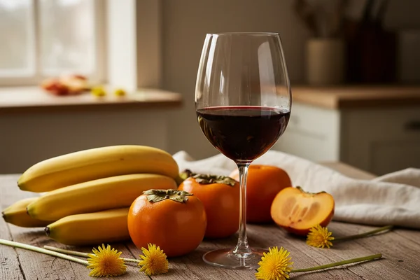 Dandelion blossoms, sliced banana, and persimmon beside a glass carboy on a walnut surface in warm natural light