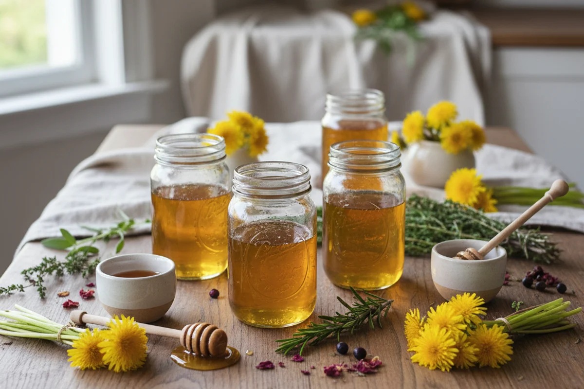 Jar of golden dandelion mead on a walnut surface beside fresh yellow dandelion blooms in soft natural light