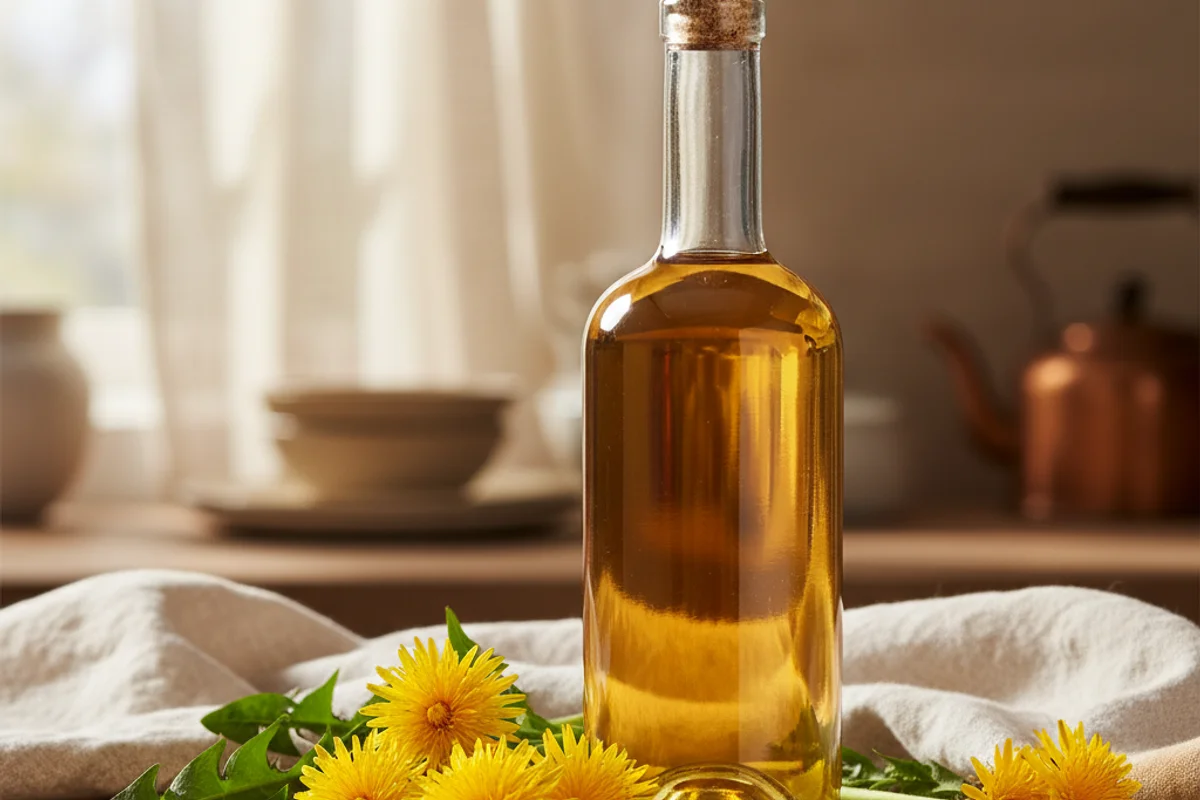 Bright dandelion blossoms beside a glass of golden wine on a sunlit walnut surface with cream linen