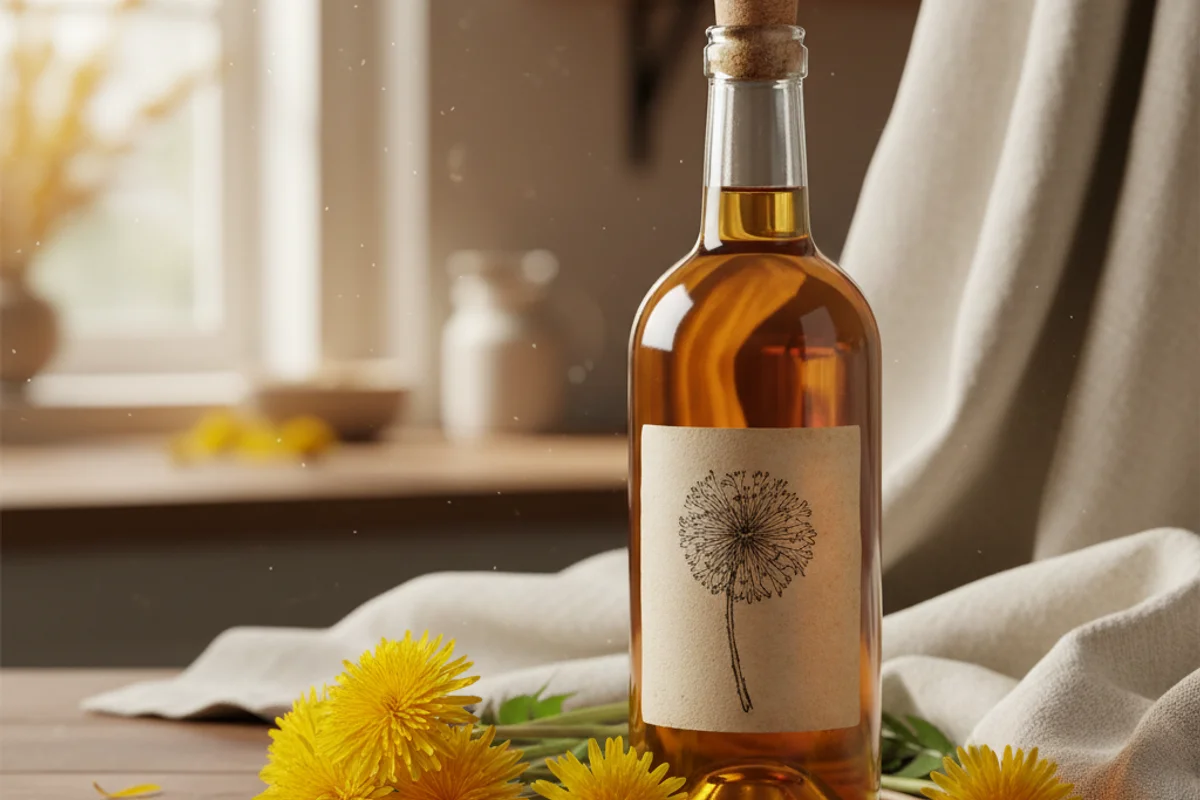 Fresh dandelion wine in a glass on a walnut surface beside cream linen, soft natural light