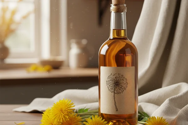Fresh dandelion wine in a glass on a walnut surface beside cream linen, soft natural light
