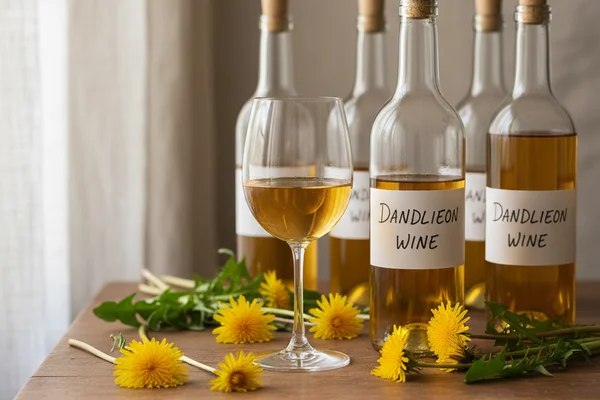Bright dandelion blossoms beside a glass carboy of golden wine on a warm walnut surface