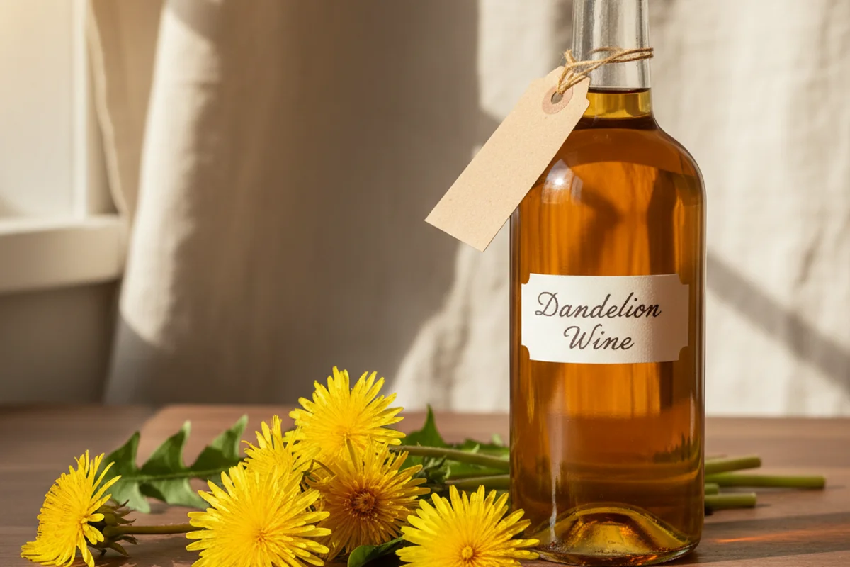 Fresh dandelion blossoms beside a glass carboy of golden wine on a walnut surface in soft natural light