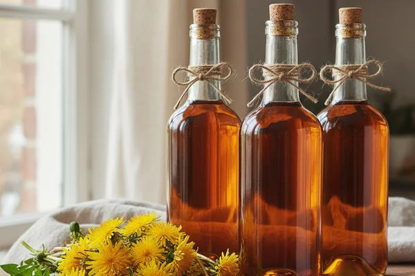 Dandelion wine fermenting in a glass carboy on a walnut surface, soft natural light, cream linen backdrop