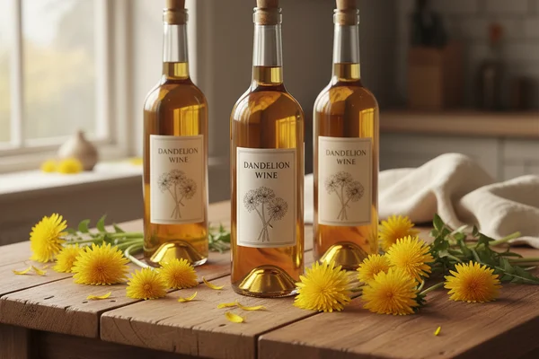 Fresh dandelion blossoms beside a glass of golden wine on a walnut surface in warm natural light