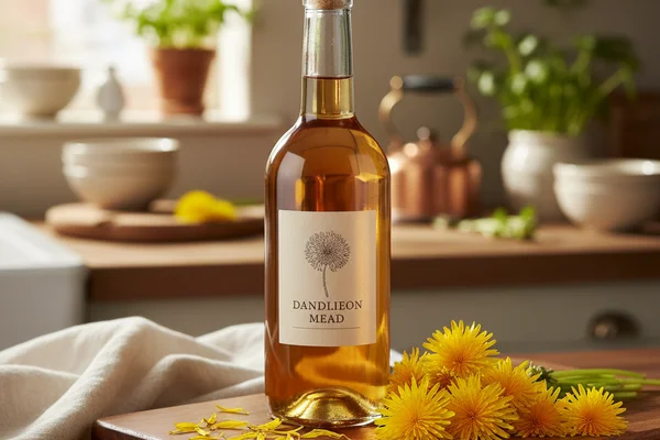 Bright dandelion blossoms beside a glass carboy of golden wine on a warm walnut surface