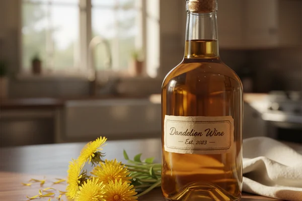 Bright dandelion wine in a glass on a walnut surface, soft natural light, cream linen backdrop