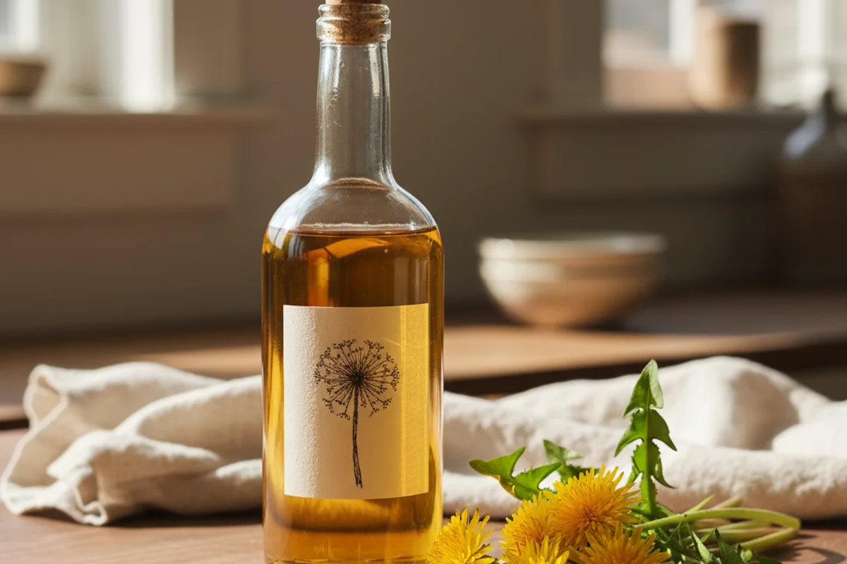 Bright dandelion blossoms beside a glass of golden wine on a warm walnut surface in soft natural light