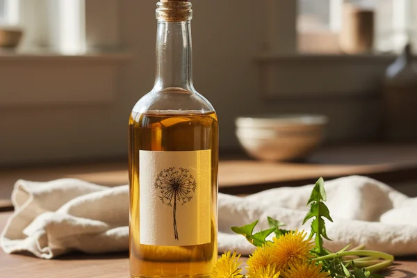 Bright dandelion blossoms beside a glass of golden wine on a warm walnut surface in soft natural light
