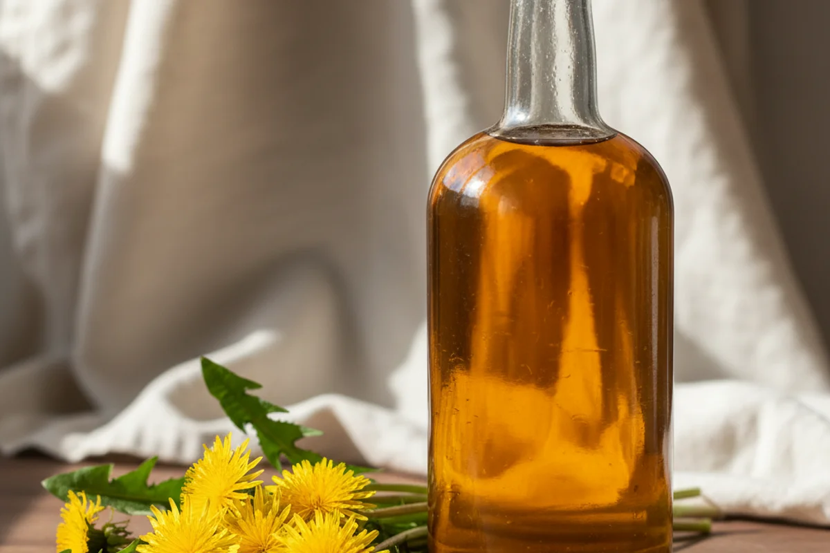 Bright dandelion blossoms beside a glass of golden wine on a walnut surface in soft natural light