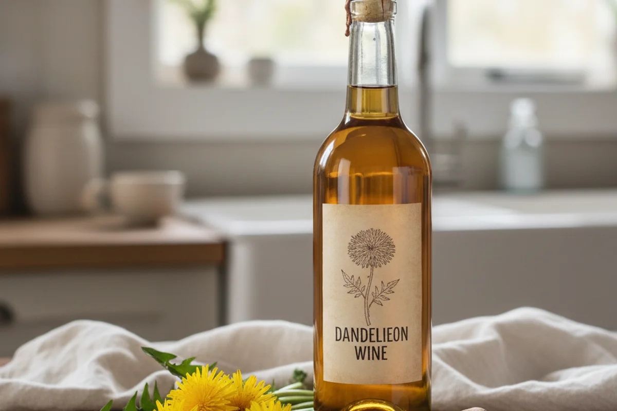 Bright dandelion blossoms beside a glass carboy of golden wine on a warm walnut surface